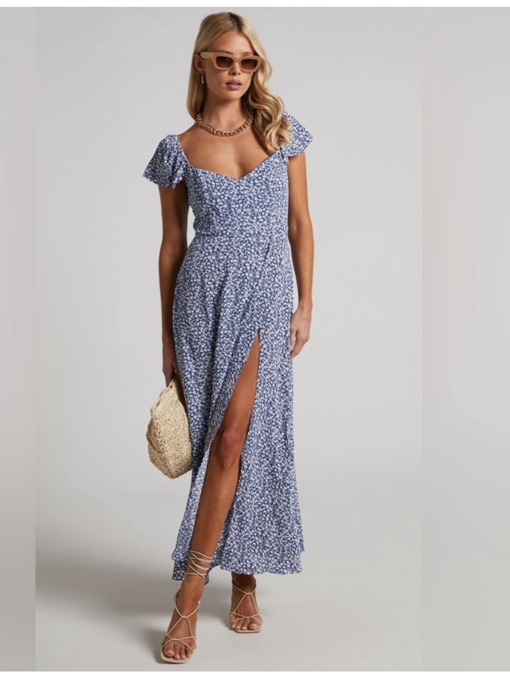 Showpo Blue Floral Sweetheart Maxi Dress with Front Slit